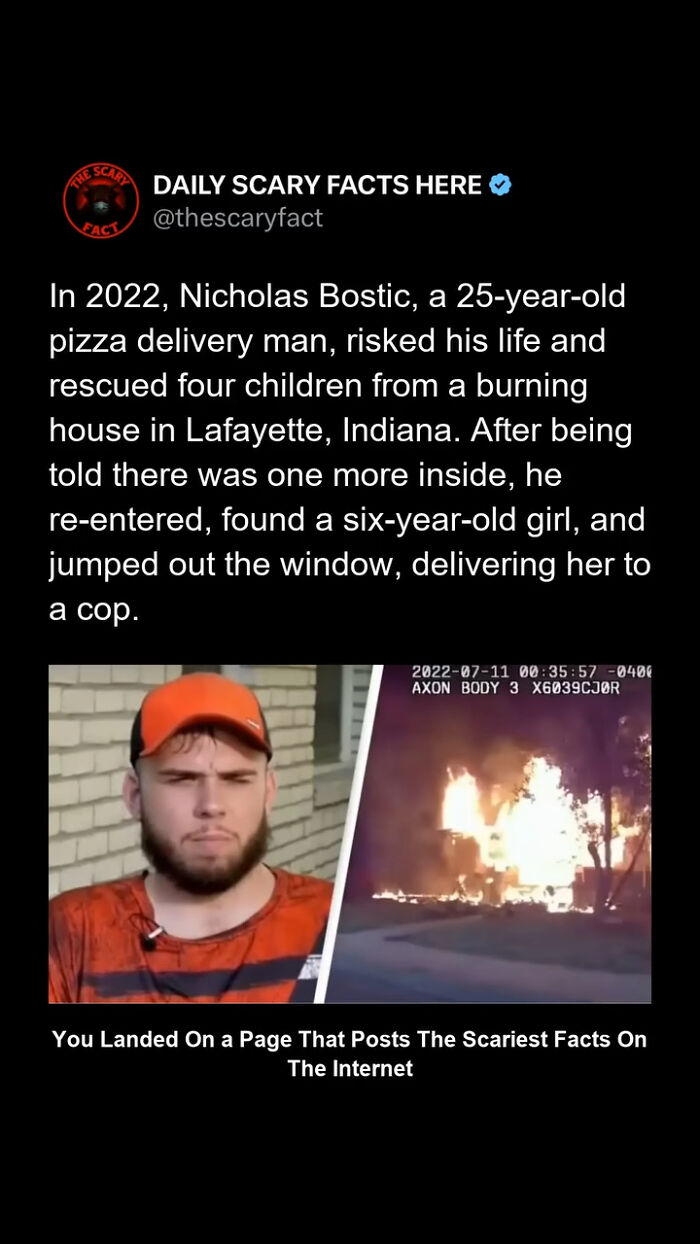 Man in orange cap with fire blazing in house behind, illustrating daily scary facts about a heroic rescue from a burning home.