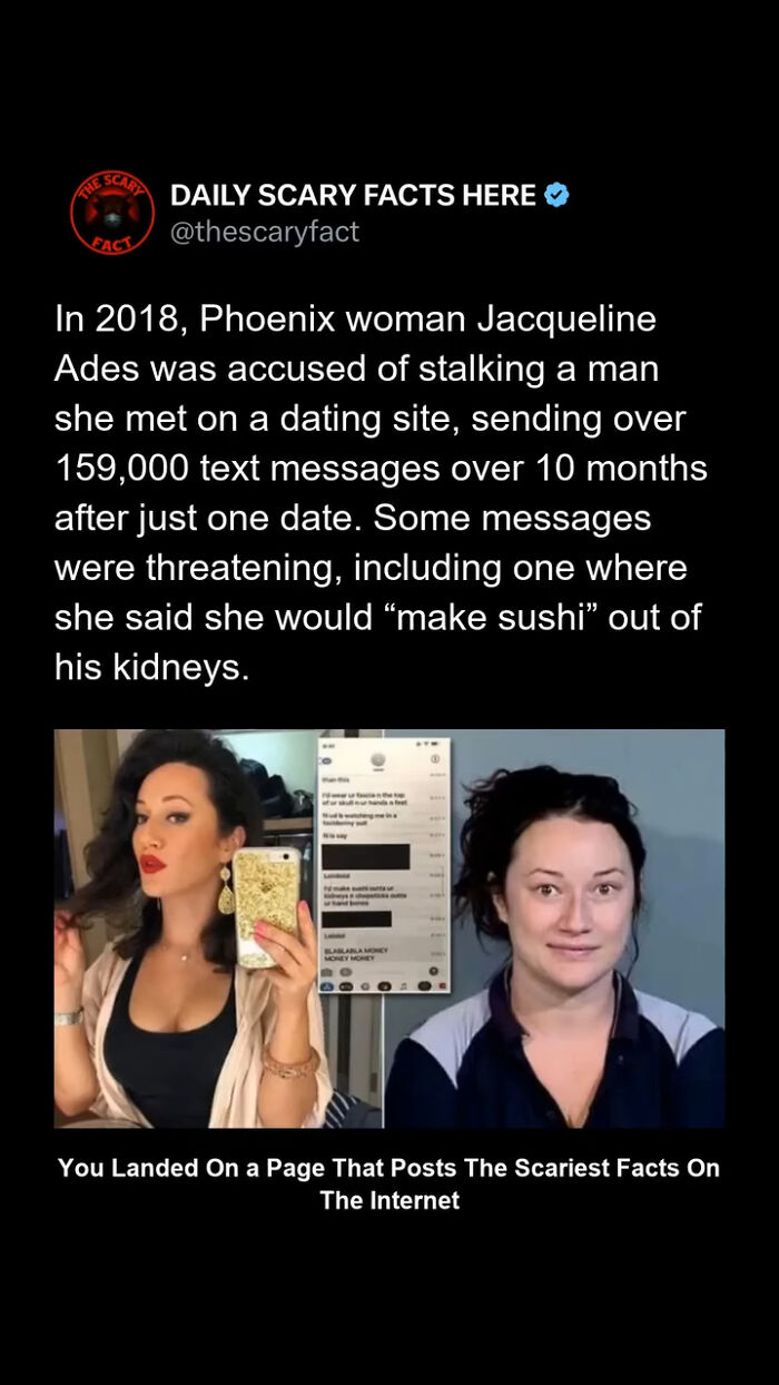 Photos of a woman accused of stalking, with threatening texts, shared on a page posting scary facts online.