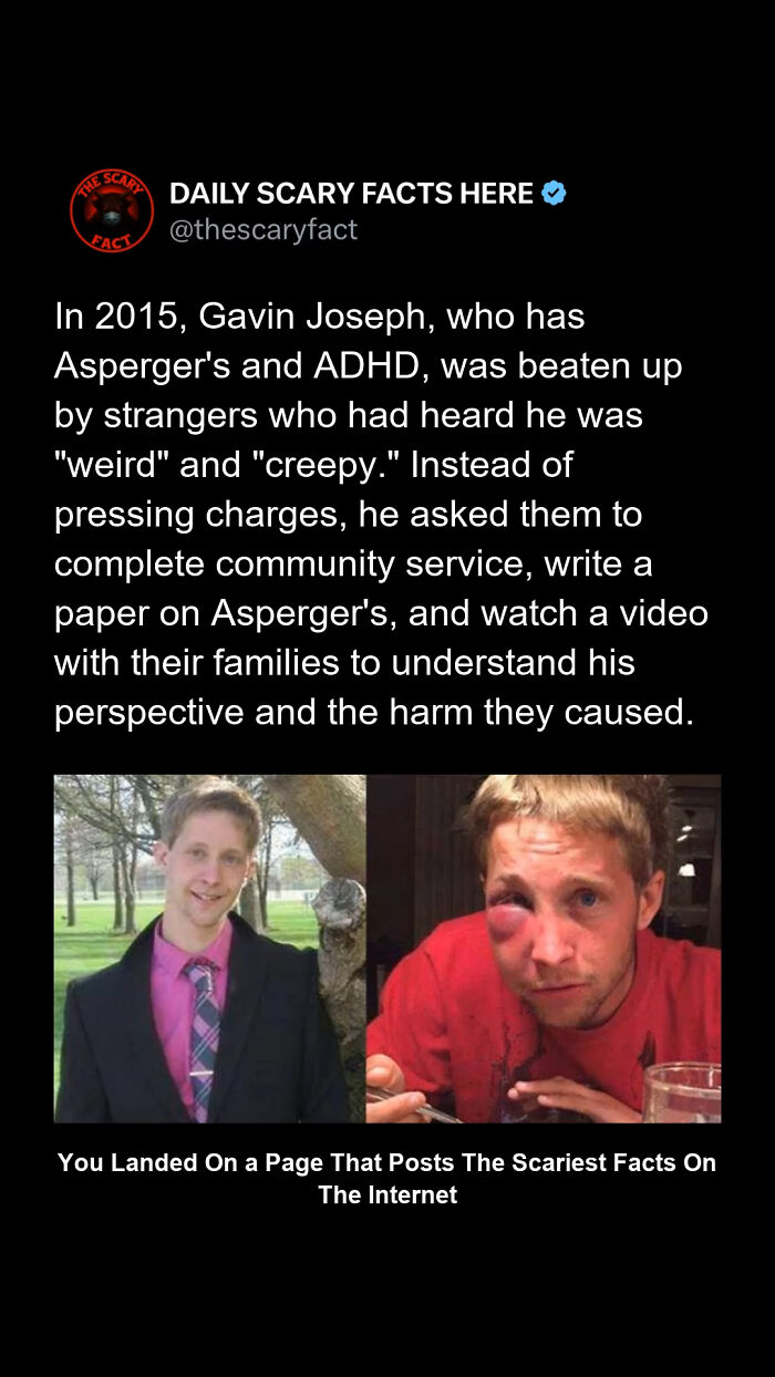 Man with Asperger's and ADHD before and after attack, illustrating a scary fact about empathy and harm caused.
