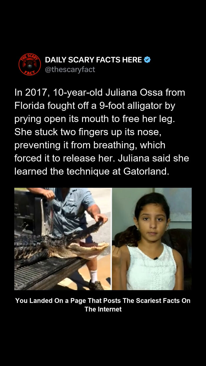 Scary fact about a girl who fought off a 9-foot alligator using a breathing prevention technique from Gatorland.