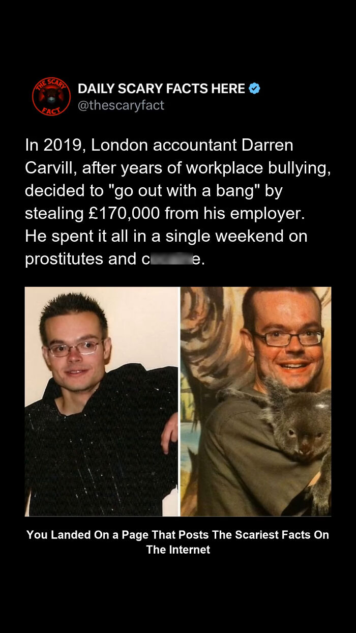 Text post about a scary fact involving workplace bullying and theft, with two images of a man wearing glasses.