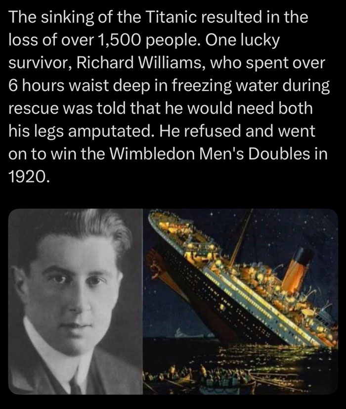 Black and white photo of Titanic survivor Richard Williams and sinking Titanic illustrating scary historical facts.