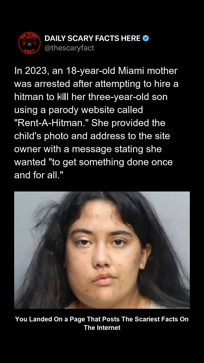 Mugshot of a woman arrested in 2023 for attempting to hire a hitman, featured in daily scary facts post.