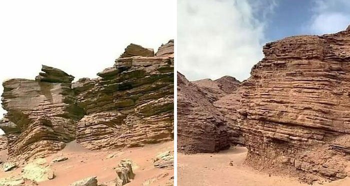 Strange Earth rock formations with layered patterns under a partly cloudy sky in a desert landscape.