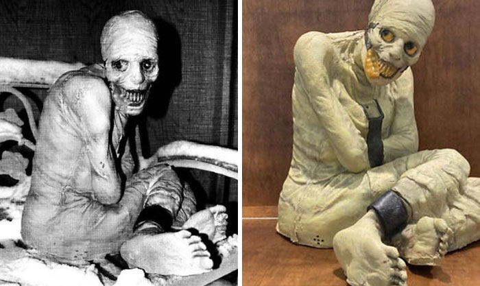 Side-by-side images of a strange earth mummified figure with unusual facial features and skeletal appearance.
