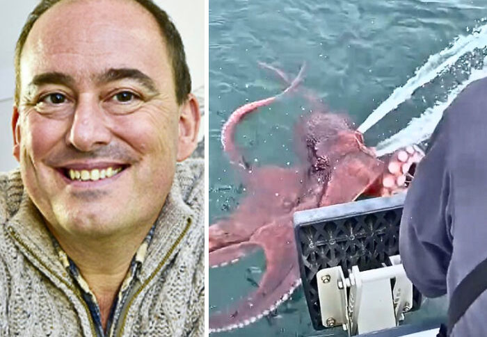Smiling man in a sweater beside a rare giant octopus in water, showcasing strange earth wonders and unbelievable nature sights.