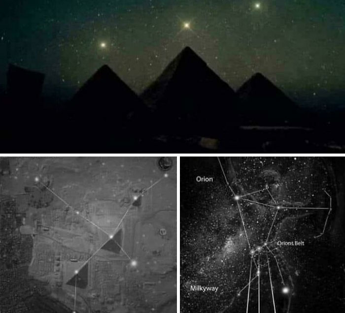 Night sky over pyramids showing star alignment with Orion’s Belt, highlighting strange Earth phenomena and cosmic connections.
