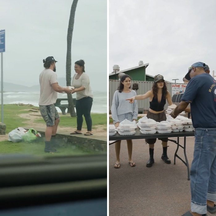 Pessoas distribuindo alimentos e suprimentos ao ar livre em meio a enchentes históricas que causaram evacuações em massa no Havaí.