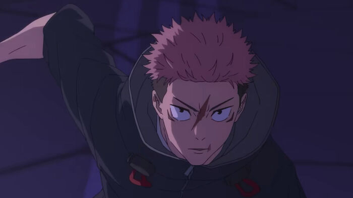 Anime character from Jujutsu Kaisen in dark setting, depicting intense action scene and dynamic movement.