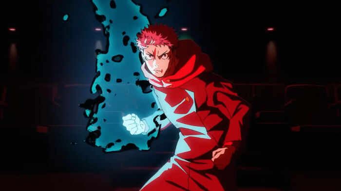 Anime character in red hoodie unleashing dark energy, perfect for finished Jujutsu Kaisen season 3 manga continuation.