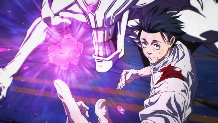 Anime character from Jujutsu Kaisen using energy attacks in a dynamic battle scene from the manga continuation.