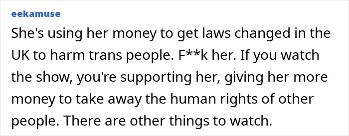 User comment criticizing J.K. Rowling amid backlash over Harry Potter reboot and related controversies. User comment criticizing J.K. Rowling amid backlash over Harry Potter reboot and related controversies.