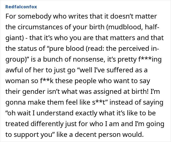 Text post containing a critical opinion related to J.K. Rowling and the Harry Potter reboot backlash. Text post containing a critical opinion related to J.K. Rowling and the Harry Potter reboot backlash.