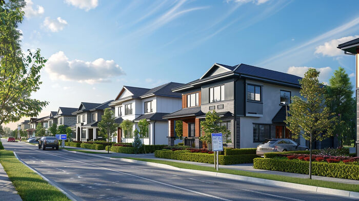 Suburban neighborhood street with modern houses and cars, illustrating a quiet community often discussed by former jurors.