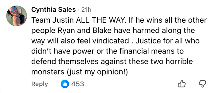 Comment supporting Justin Baldoni in his legal battle with Blake Lively highlights public opinion amid explosive messages.