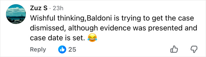 User comment on Justin Baldoni’s legal battle, discussing evidence and case dismissal attempt with reactions visible.