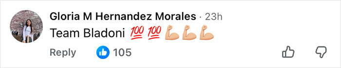 Screenshot of a social media comment supporting Justin Baldoni amid his legal battle with Blake Lively and revealing explosive messages.