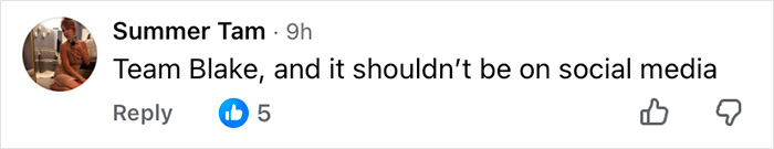 Comment by Summer Tam supporting Blake Lively, discussing Justin Baldoni’s legal battle and potential explosive message leaks.