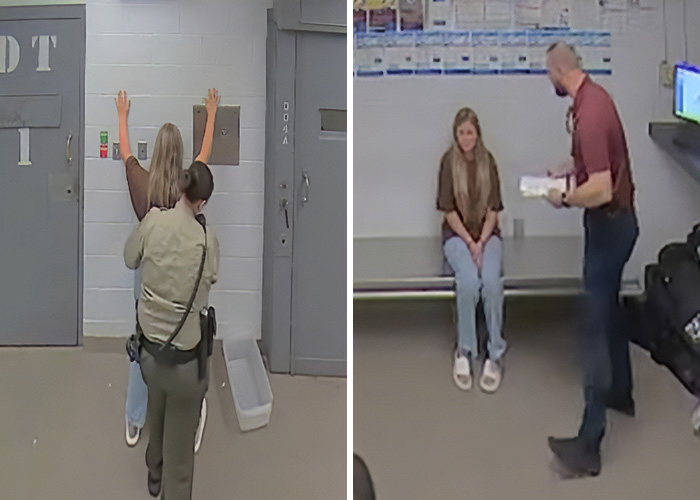 Kendra Duggar durante uma filmagem de prisão mostrando ela sendo revistada e posteriormente sentada em uma área de detenção em meio a alegações perturbadoras.