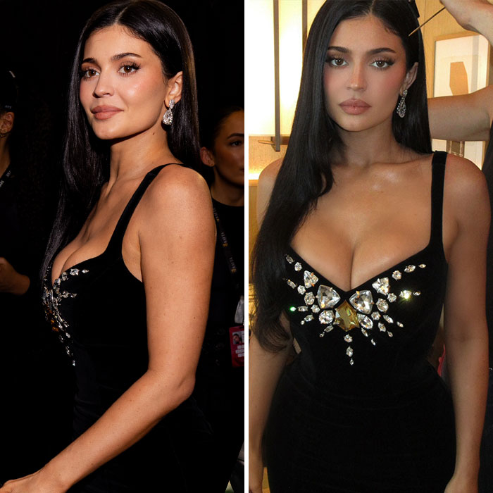 Side-by-side photos of Kylie Jenner highlighting dramatic differences between her personal and public photos noticed by fans.