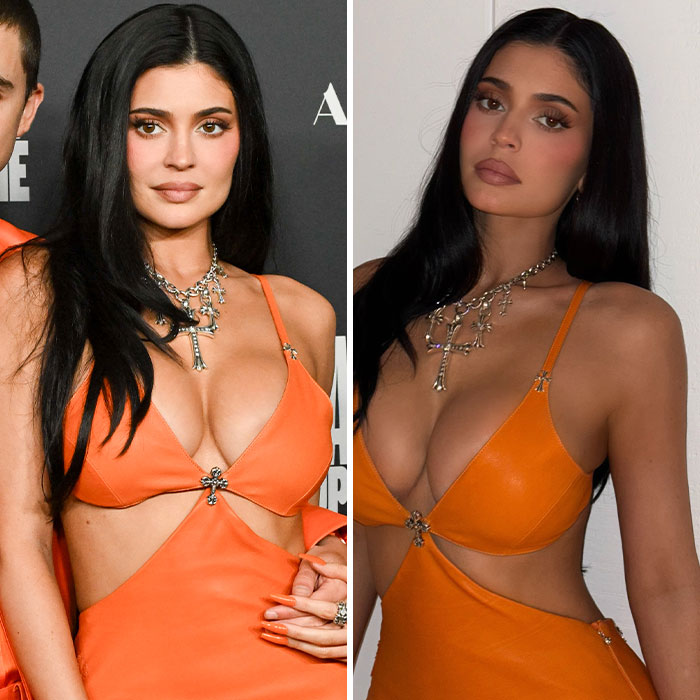 Side-by-side photos of Kylie Jenner in an orange dress, highlighting differences in personal and public photos noticed by fans.
