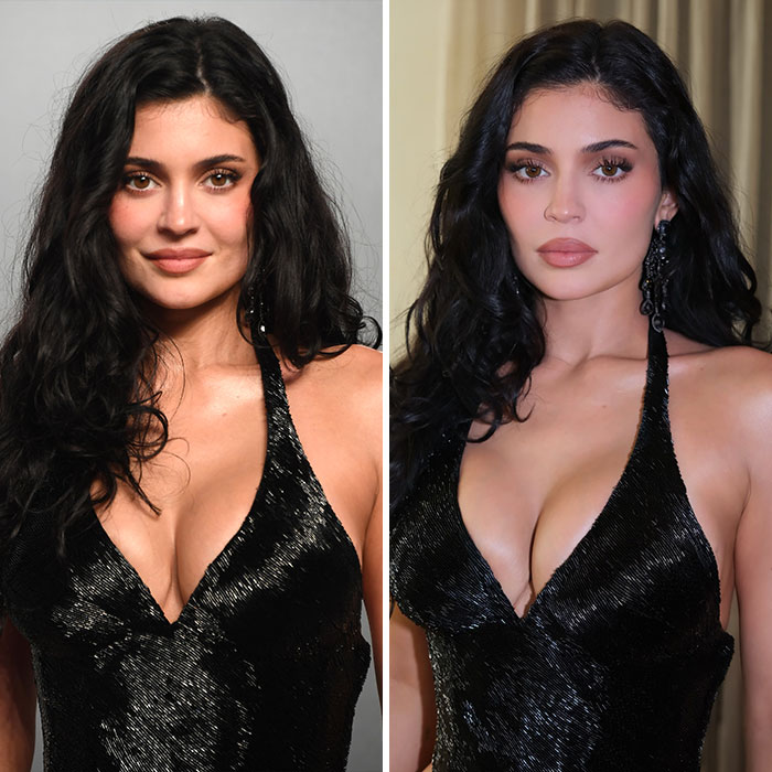 Side-by-side photos of Kylie Jenner showing dramatic differences between her personal and public photos edited out.