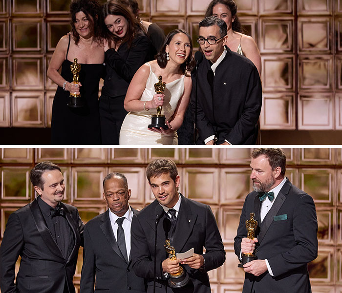 Actors holding Oscars onstage during the 2026 Oscars with smiles and formal attire at the award ceremony event.