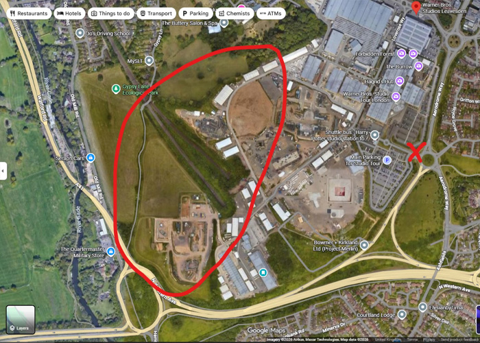 Aerial view of Harry Potter studio sets marked on map where man sneaks drone and reveals astounding details.