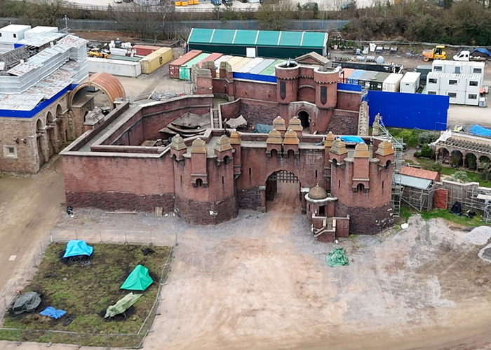 Aerial view of the Harry Potter set revealed by a drone capturing astounding details of the film castle and surrounding area.
