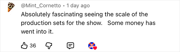 User comment praising the impressive scale and investment in production sets, related to man sneaking drone over Harry Potter set.