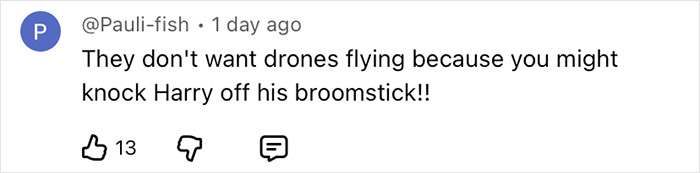 Comment from Pauli-fish expressing concern about drones near Harry Potter's broomstick on set discussing drone sneak details.