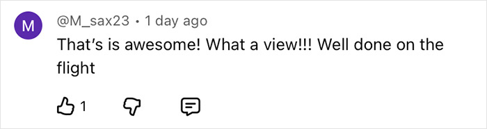 Comment from user M_sax23 praising drone footage with a view, expressing amazement and congratulating the flight on Harry Potter set.
