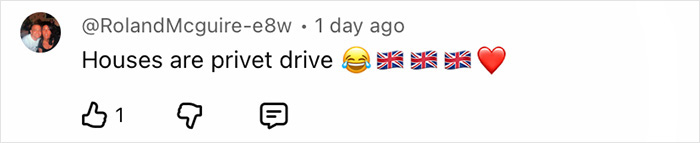 Screenshot of a social media comment mentioning "privet drive" with laughing emoji and multiple UK flag emojis.