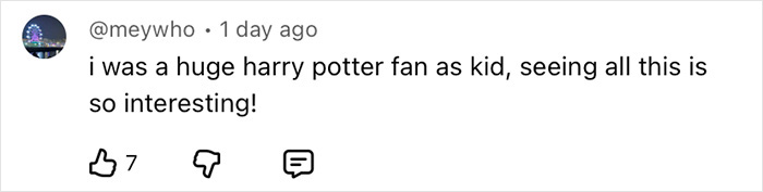 Comment from a user expressing excitement about Harry Potter details revealed by a drone sneak over the set.