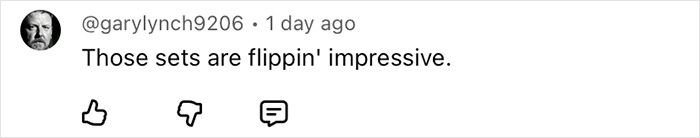 User comment on a social media post praising the impressive Harry Potter set revealed by a man sneaking a drone over it.