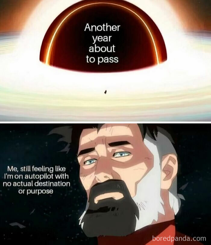 Relatable meme showing a man reflecting on life and feeling like he’s on autopilot with no purpose or destination.
