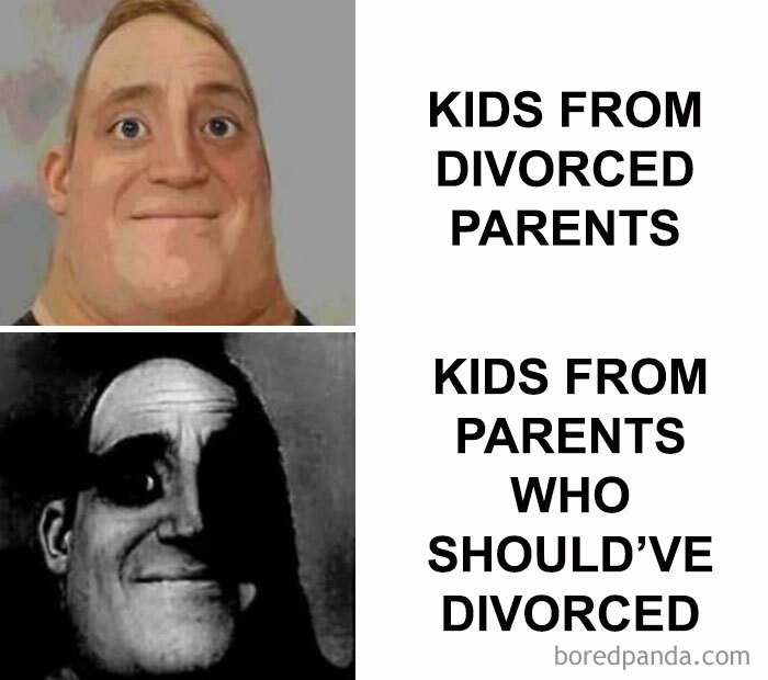 Side-by-side funny and relatable meme comparing kids from divorced parents and kids from parents who should have divorced.