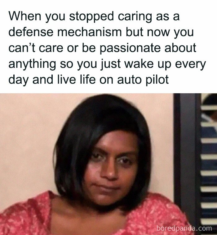 Woman with short black hair and tired expression illustrating relatable meme about not caring and living life on autopilot.