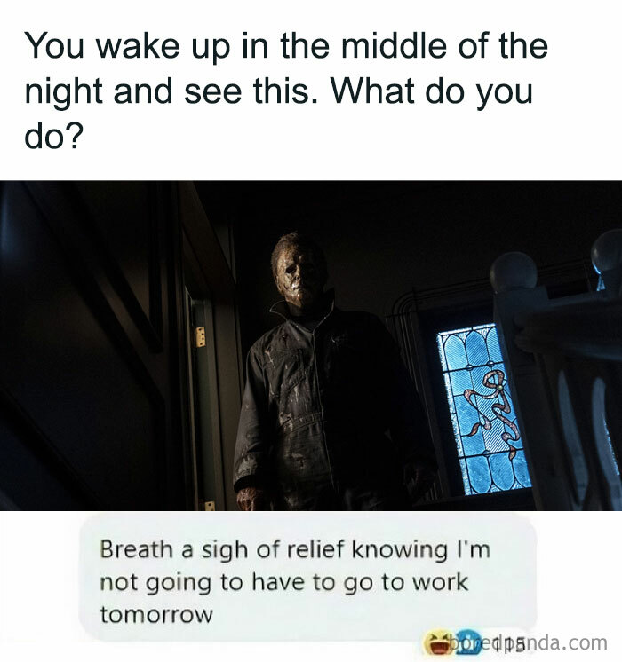 Horror movie character standing in dark hallway with meme text about funny and relatable memes to scroll through.