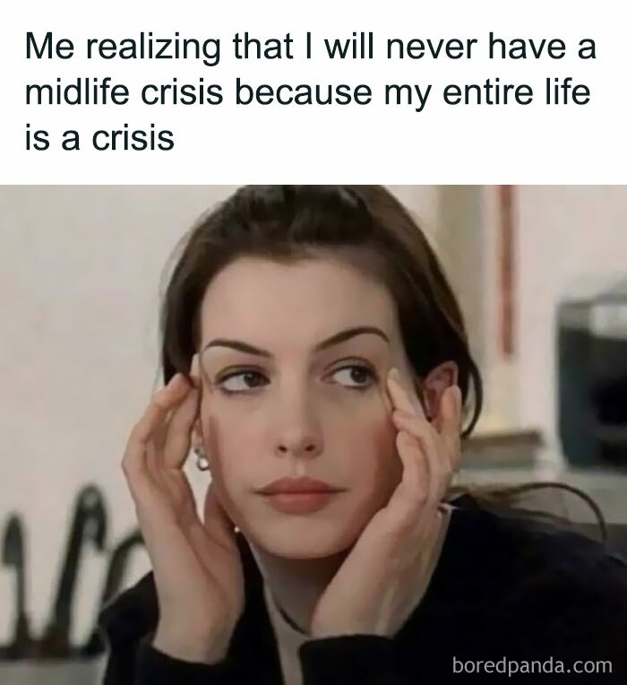 Woman with hands on temples looking stressed, a relatable meme about midlife crises and life challenges reflecting funny memes.