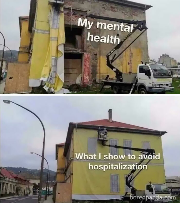 Before and after building renovation meme illustrating funny and relatable mental health memes to scroll through.