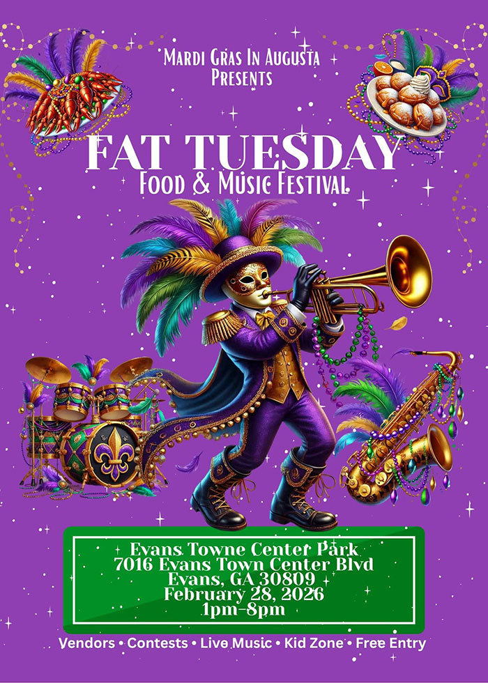 Mardi Gras festival poster with a masked musician playing trumpet, colorful feathers, and musical instruments at Evans Towne Center Park.