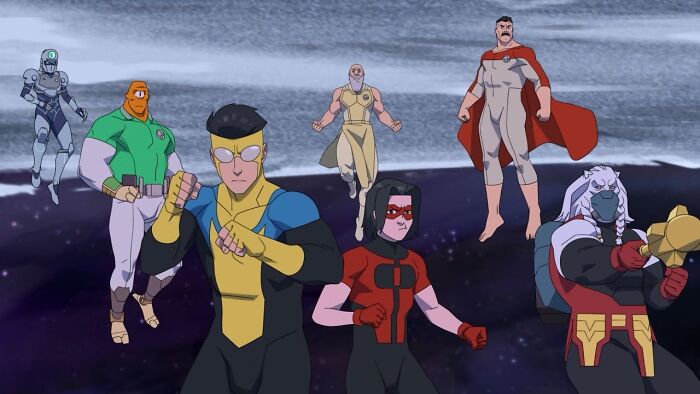 Animated superheroes from Invincible season 4 stand ready against a cosmic backdrop, linked to Tom Cruise fan speculation.