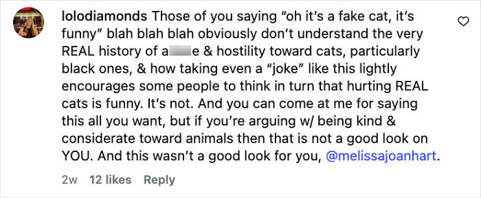 Screenshot of Instagram comment criticizing Melissa Joan Hart over a Sabrina the Teenage Witch tribute.