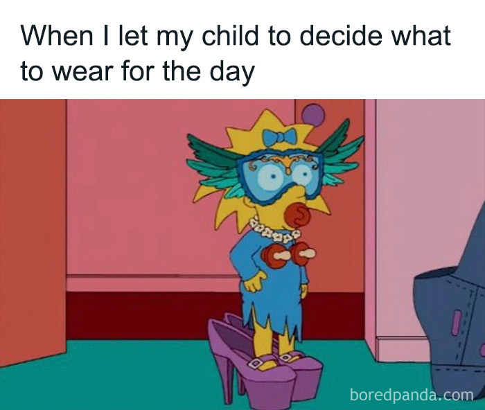 Child wearing oversized shoes, goggles, and pacifier, illustrating funny parenting memes about letting kids choose outfits.