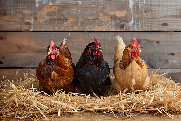 Three chickens sitting on straw in a wooden coop symbolizing men sharing moments dropping the Red Pill mindset.