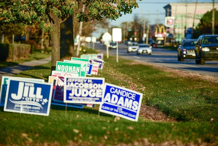 Row of political campaign signs lined up on grass near a busy road with cars and trees in the background.