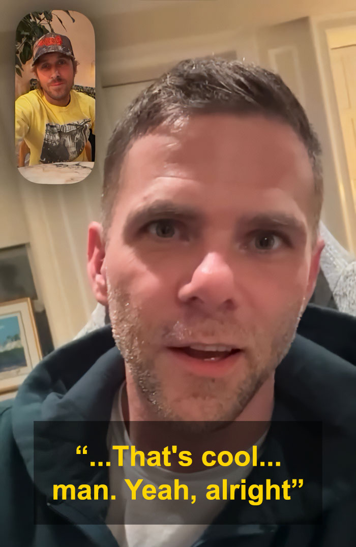 Mikey Day on a phone call with Ryan Gosling, who looks awkward and surprised during the conversation.