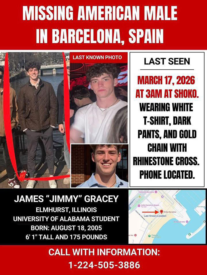 Missing American student in Barcelona wearing white T-shirt and dark pants, suspicious footage linked to mysterious vanishing case.