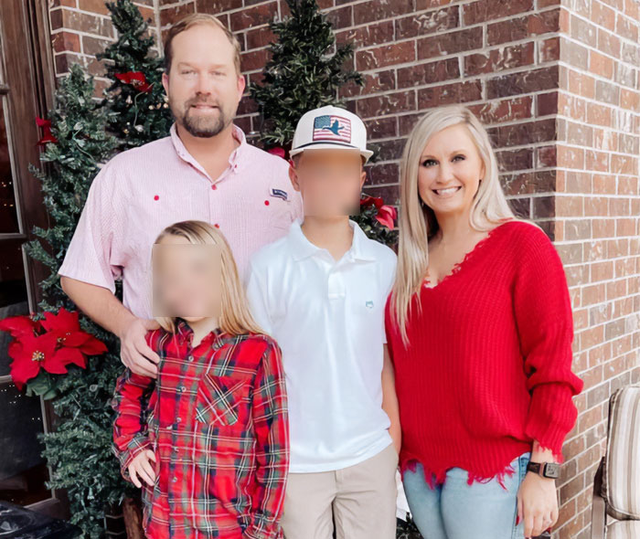 Former Louisiana mayor with family outside brick house during holiday season, main SEO keywords pool party and son's friend included.